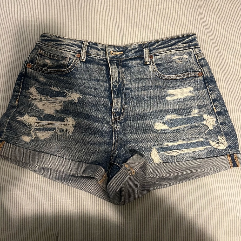 AE STRETCH CROSSOVER DENIM MOM SHORTS